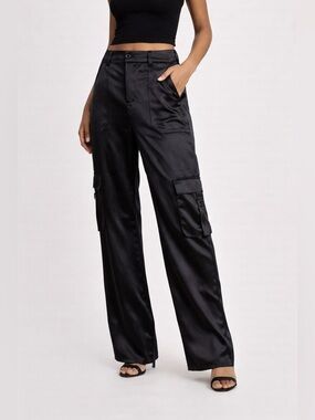 NWT Black Satin Cargo Pants | Wide Leg Utility Chic | Street Style Luxe